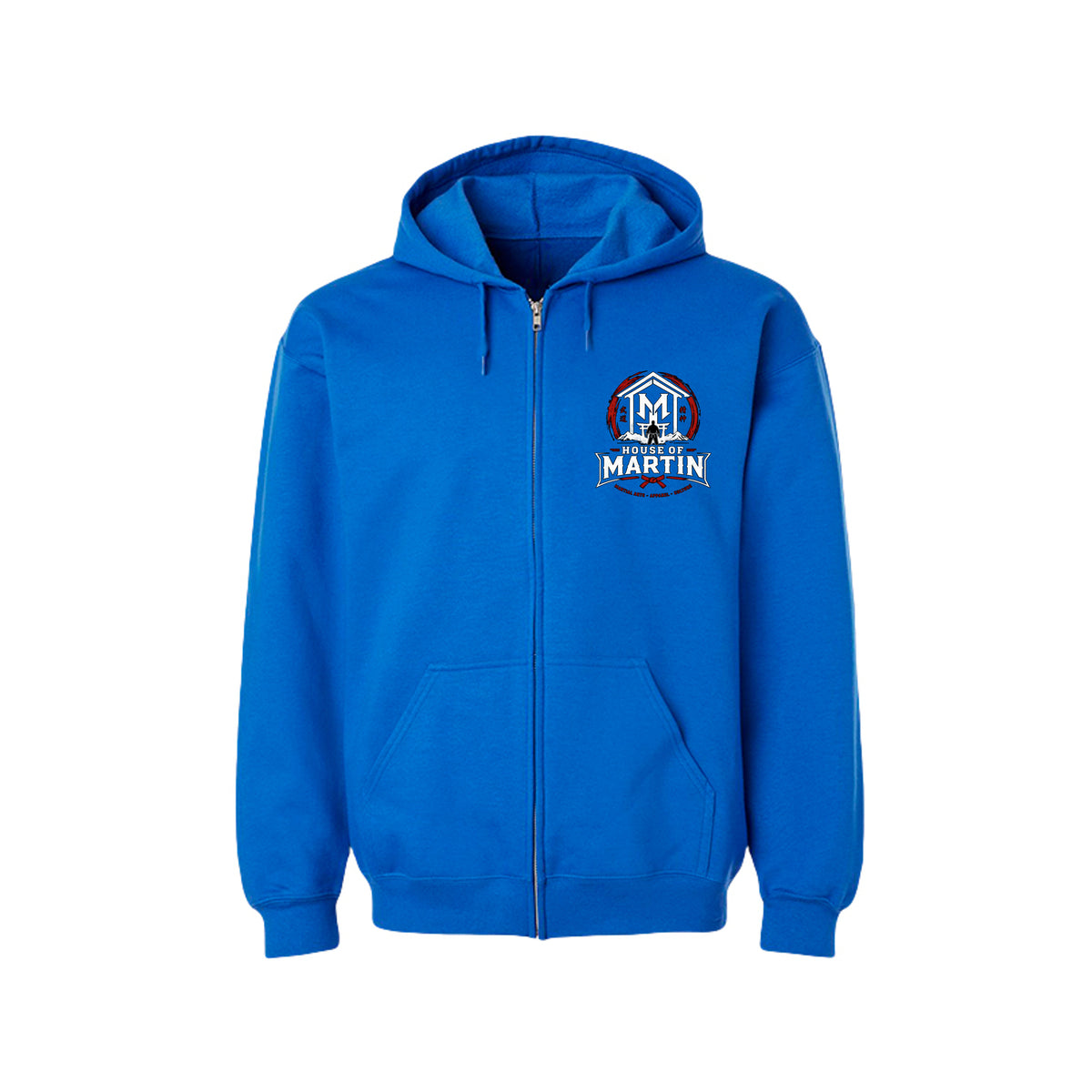 House of Martin Logo full zip hoodie in royal, front view by House of Martin Designs