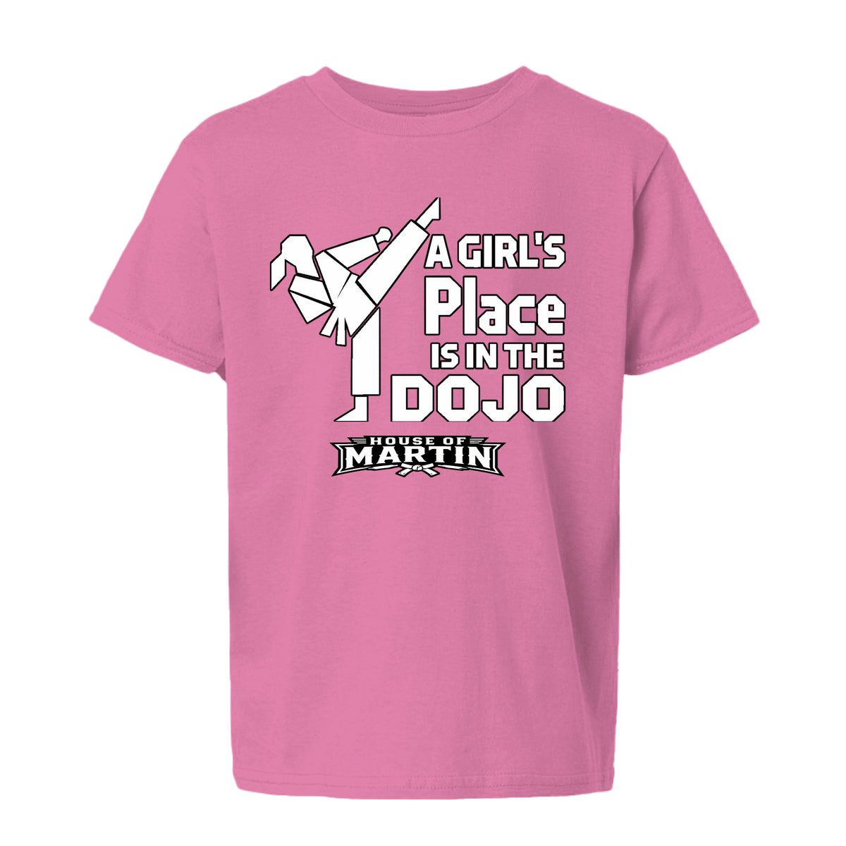 Dojo Girls youth tee in azalea, front view by House of Martin Designs