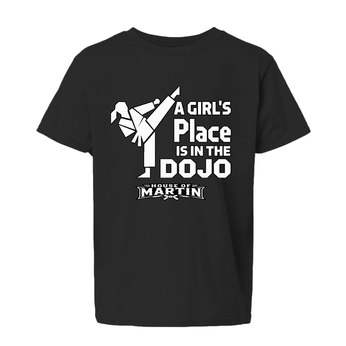 Dojo Girls youth tee in black, front view by House of Martin Designs