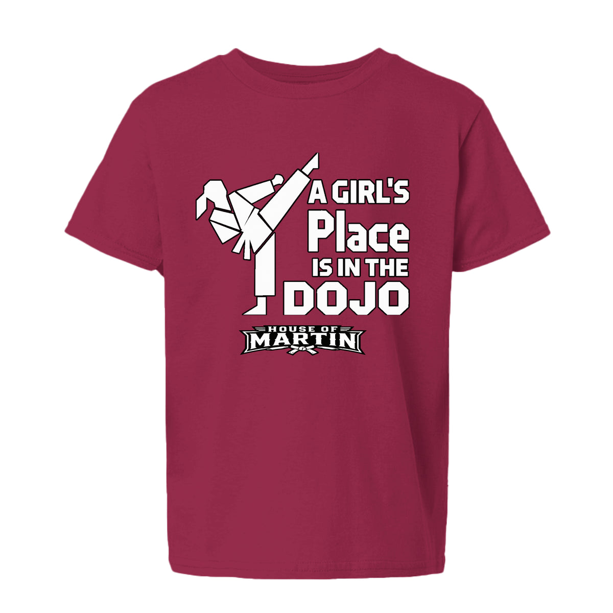 Dojo Girls youth tee in cardinal red, front view by House of Martin Designs