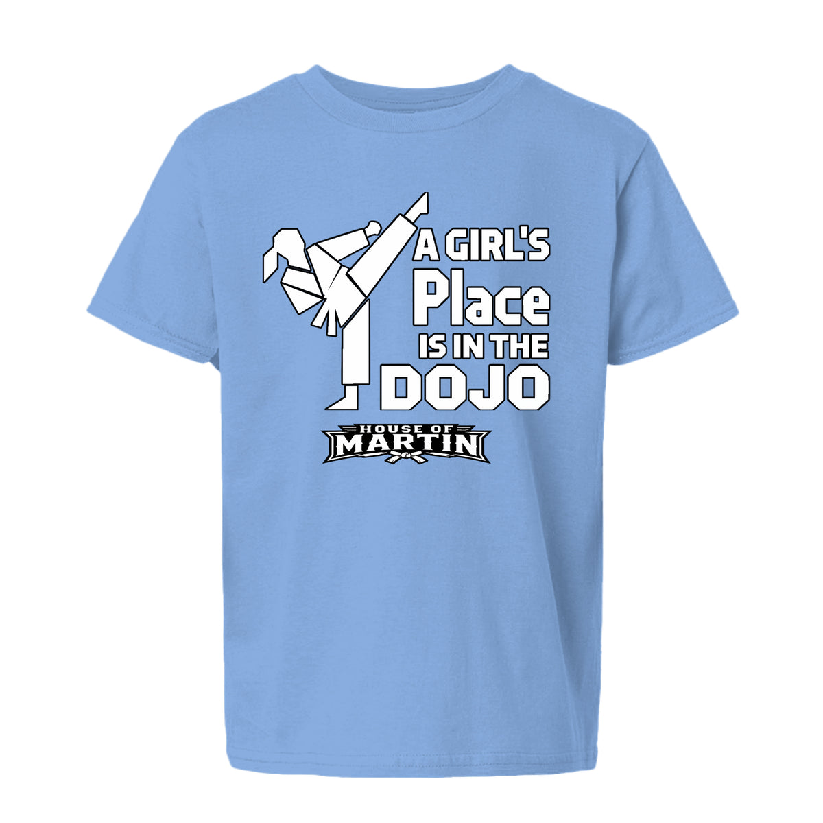 Dojo Girls youth tee in carolina blue, front view by House of Martin Designs