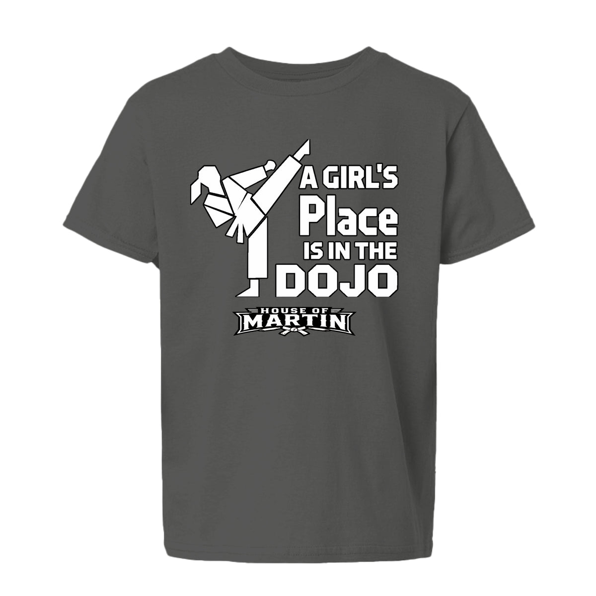 Dojo Girls youth tee in charcoal, front view by House of Martin Designs