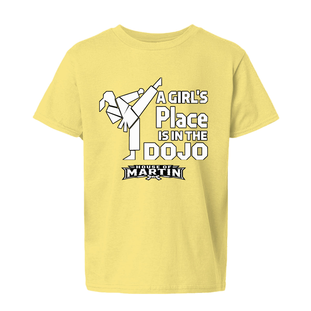 Dojo Girls youth tee in daisy, front view by House of Martin Designs
