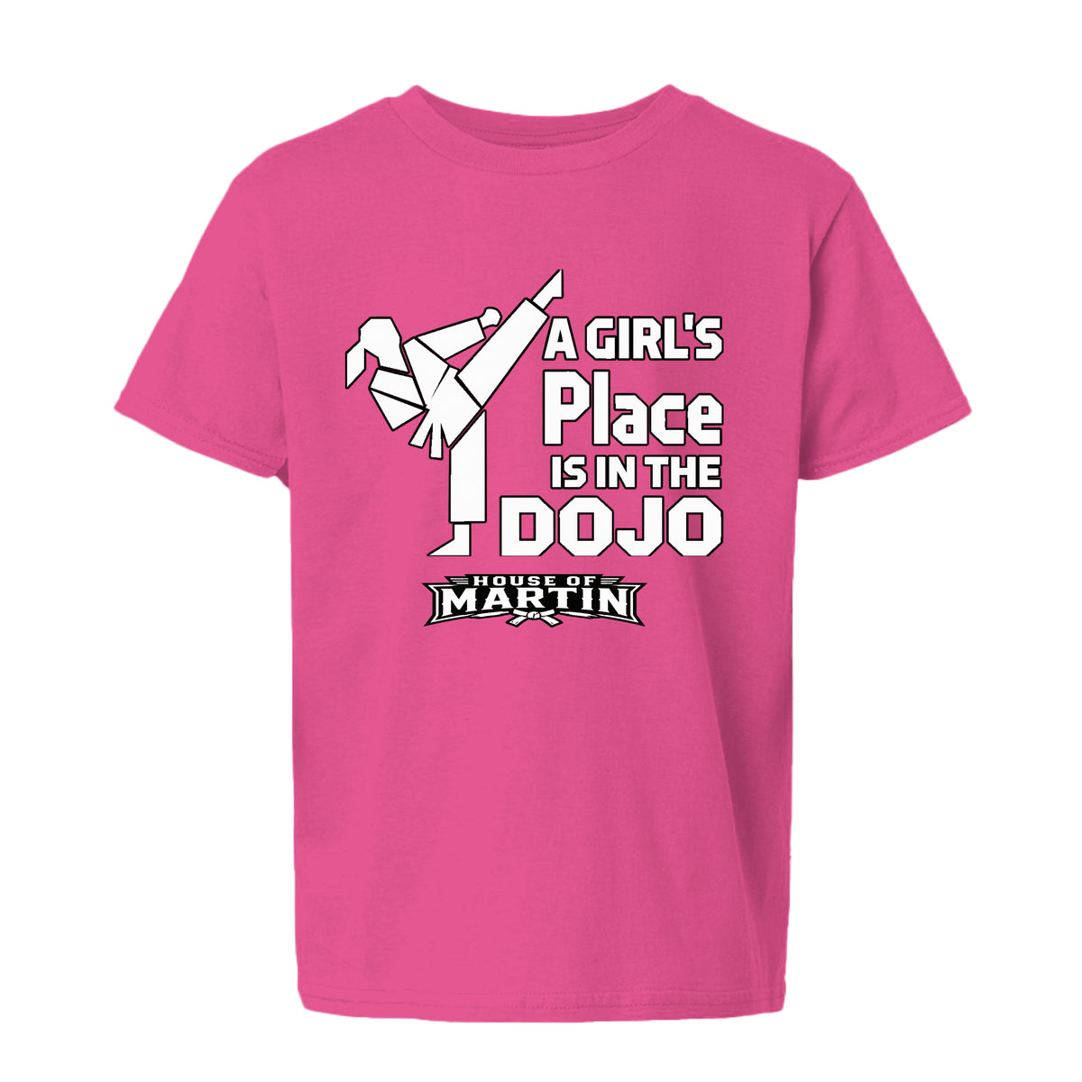 Dojo Girls youth tee in heather heliconia, front view by House of Martin Designs