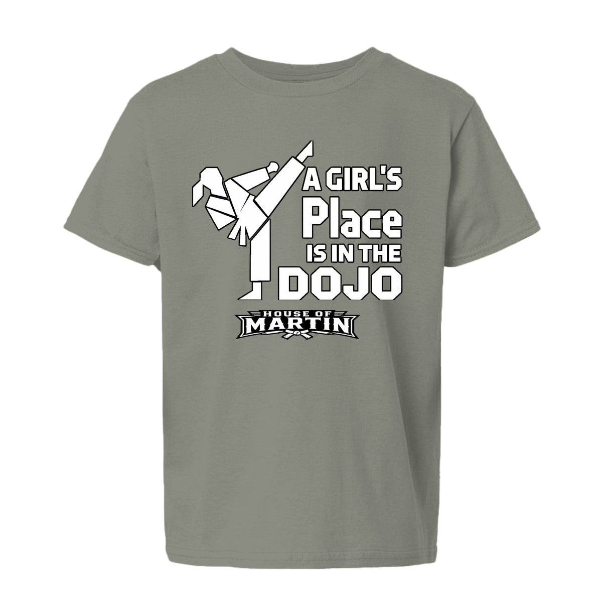 Dojo Girls youth tee in heather military green, front view by House of Martin Designs