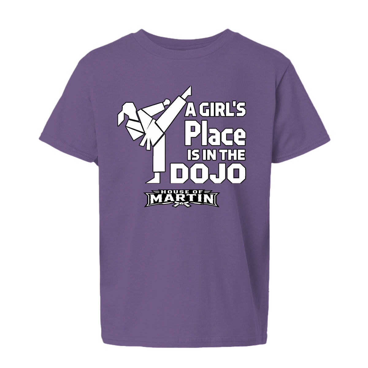Dojo Girls youth tee in heather purple, front view by House of Martin Designs