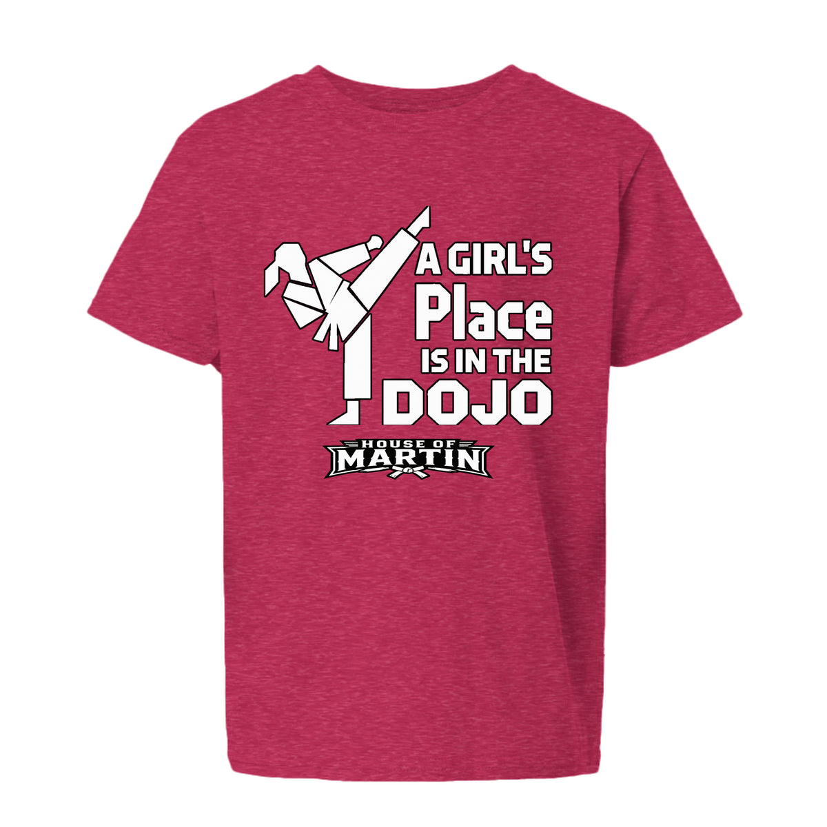 Dojo Girls youth tee in heather red, front view by House of Martin Designs