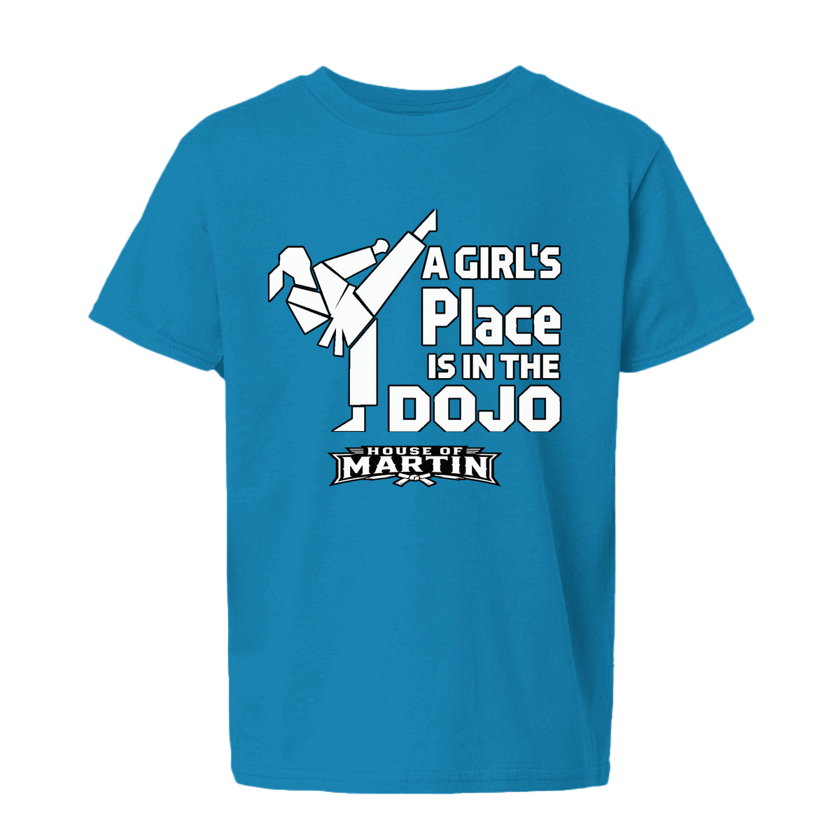 Dojo Girls youth tee in heather sapphire, front view by House of Martin Designs