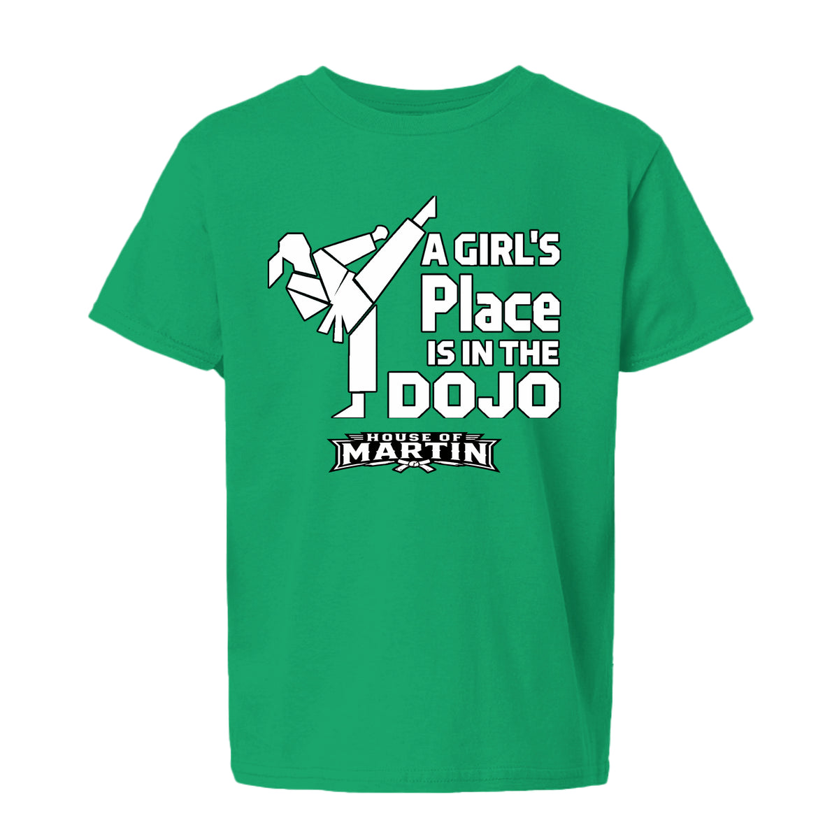 Dojo Girls youth tee in irish green, front view by House of Martin Designs
