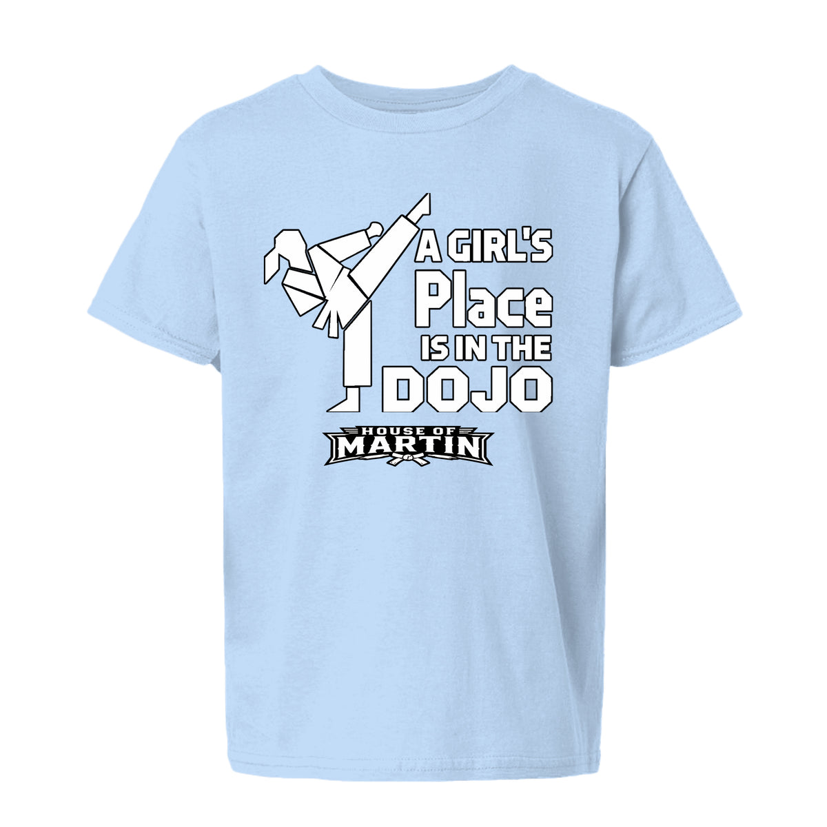 Dojo Girls youth tee in light blue, front view by House of Martin Designs