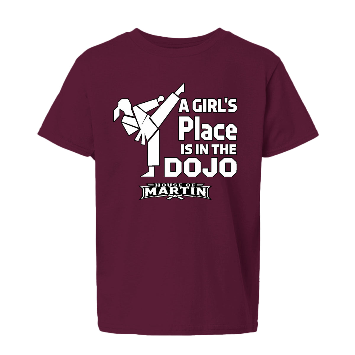 Dojo Girls youth tee in maroon, front view by House of Martin Designs