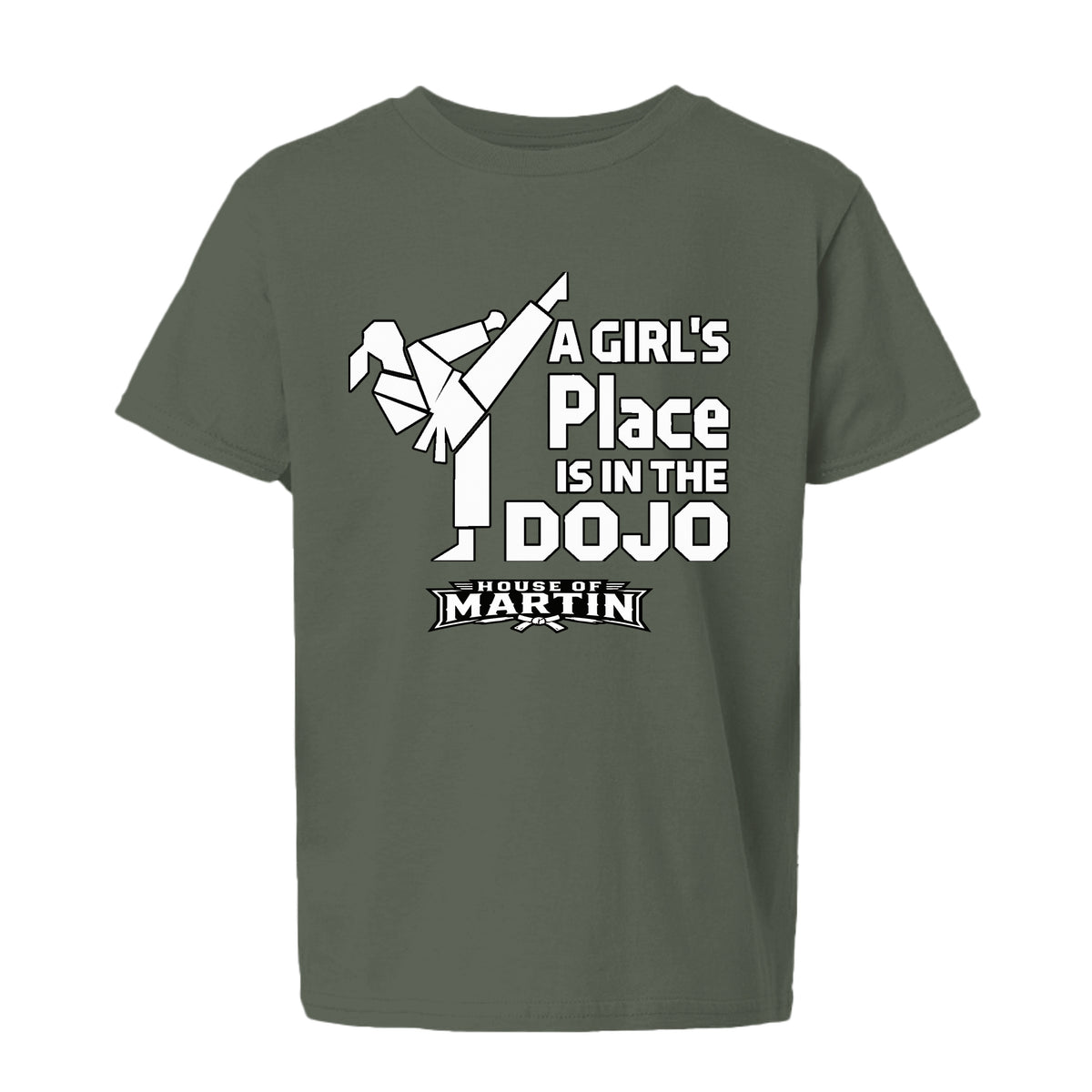 Dojo Girls youth tee in military green, front view by House of Martin Designs