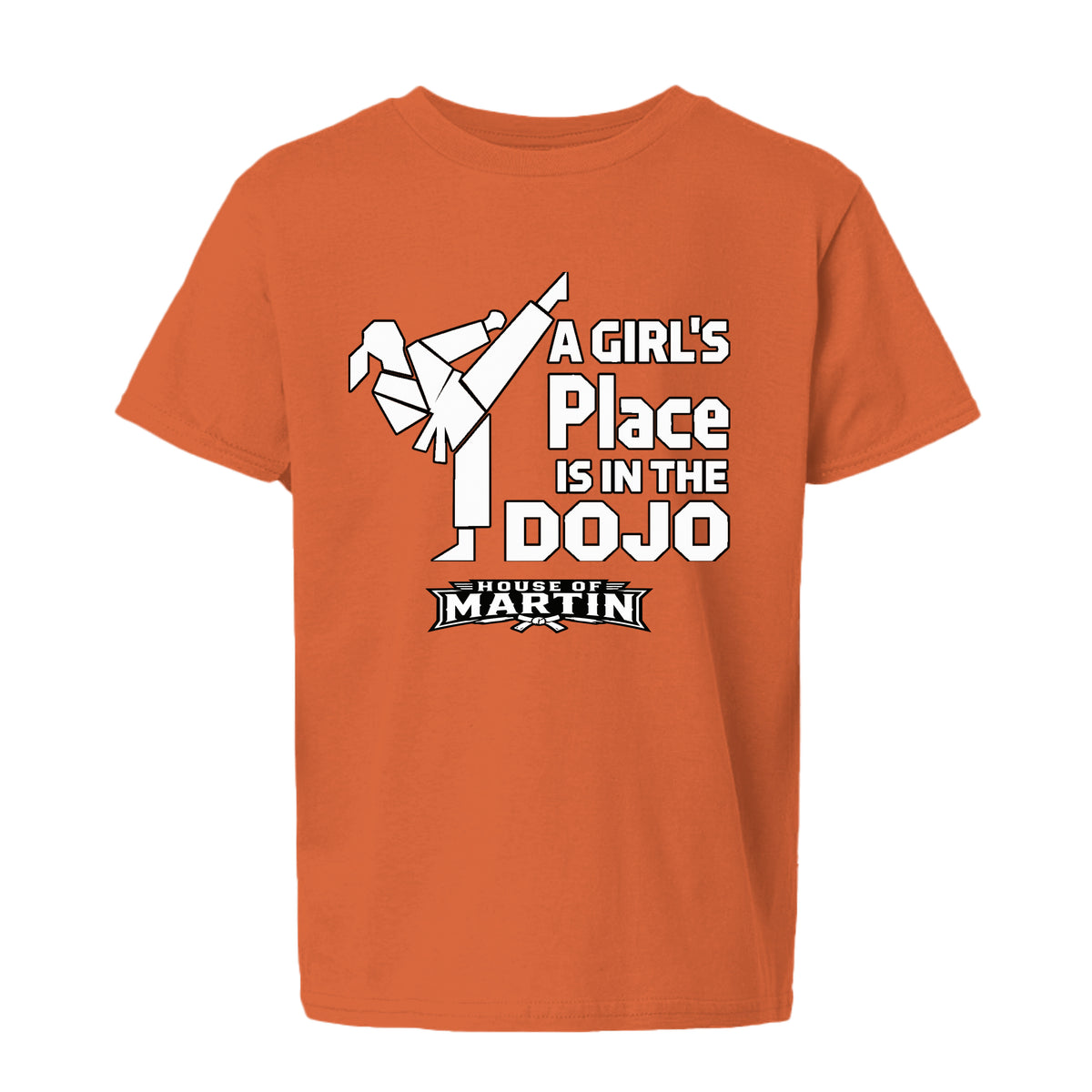 Dojo Girls youth tee in orange, front view by House of Martin Designs