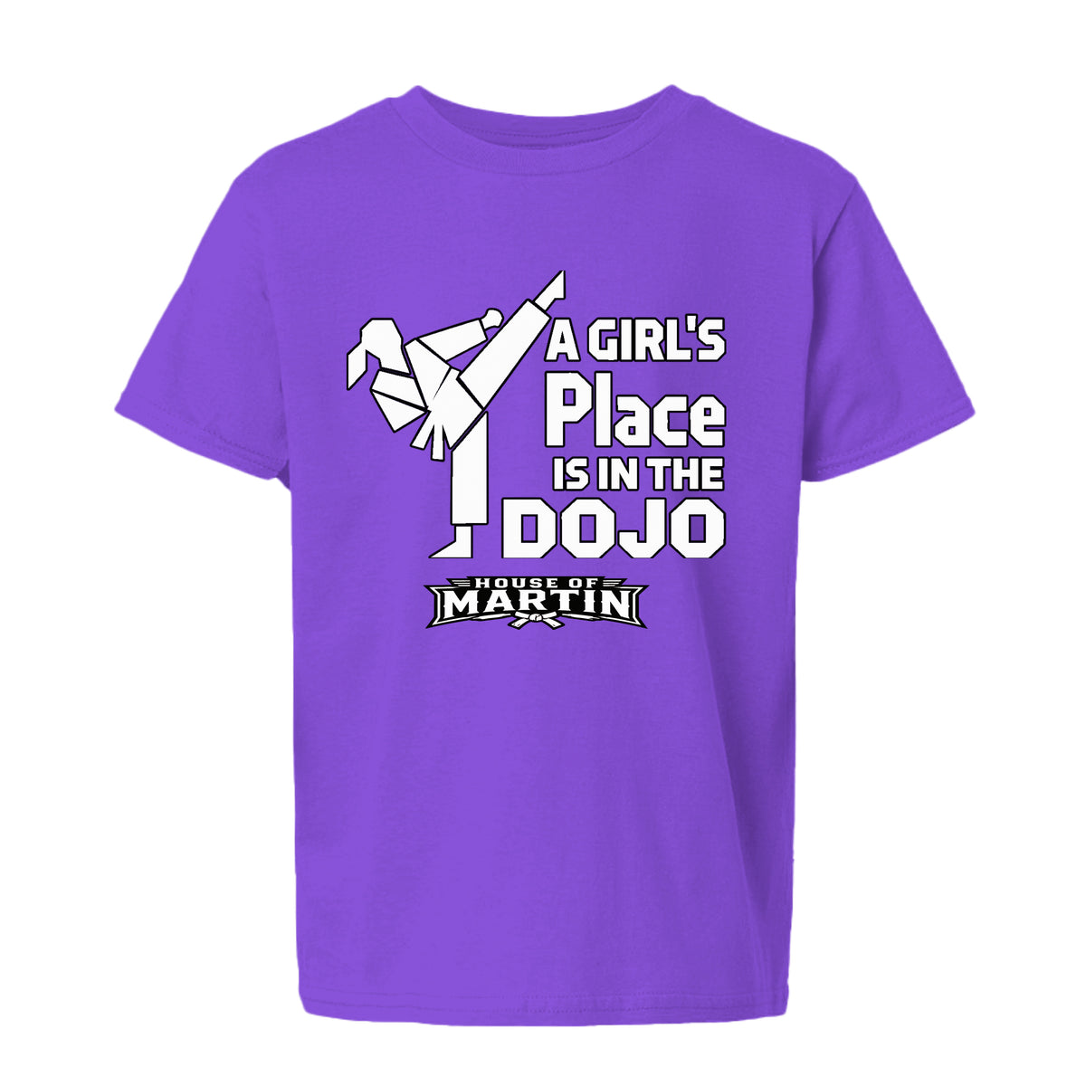 Dojo Girls youth tee in purple, front view by House of Martin Designs