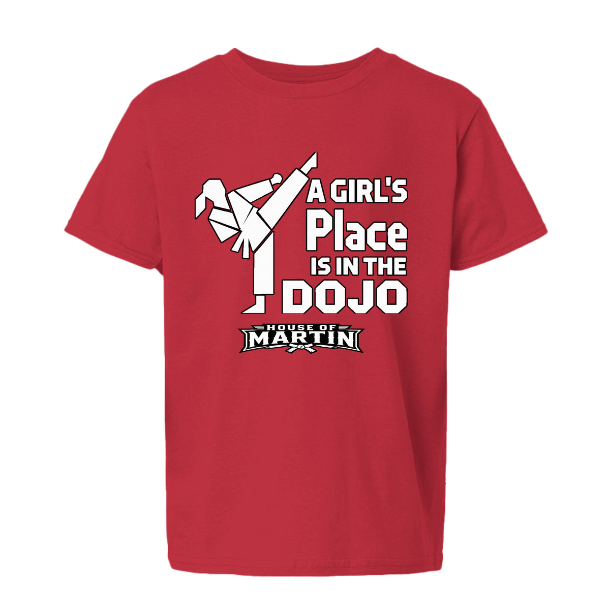 Dojo Girls youth tee in red, front view by House of Martin Designs