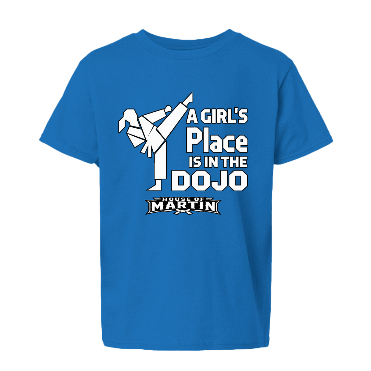 Dojo Girls youth tee in royal, front view by House of Martin Designs