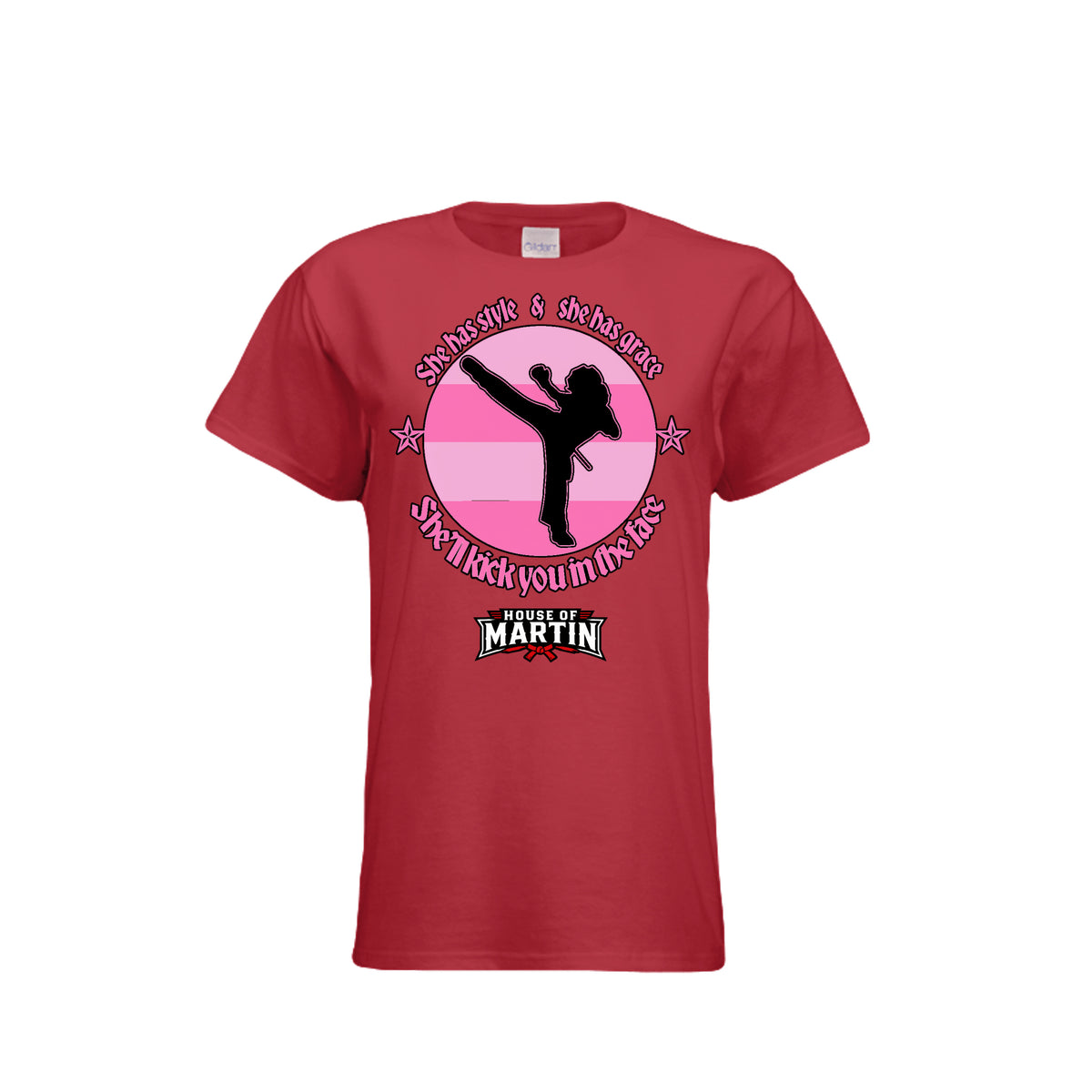 Style and Grace women's tee in red, front view by House of Martin Designs