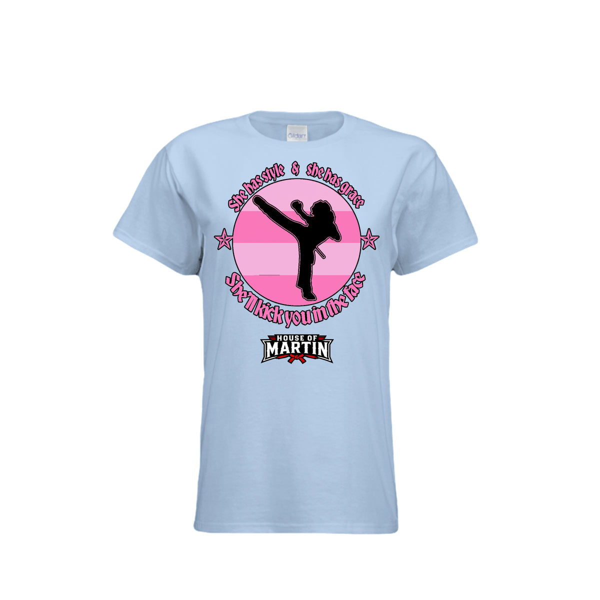 Style and Grace women's tee in light blue, front view by House of Martin Designs
