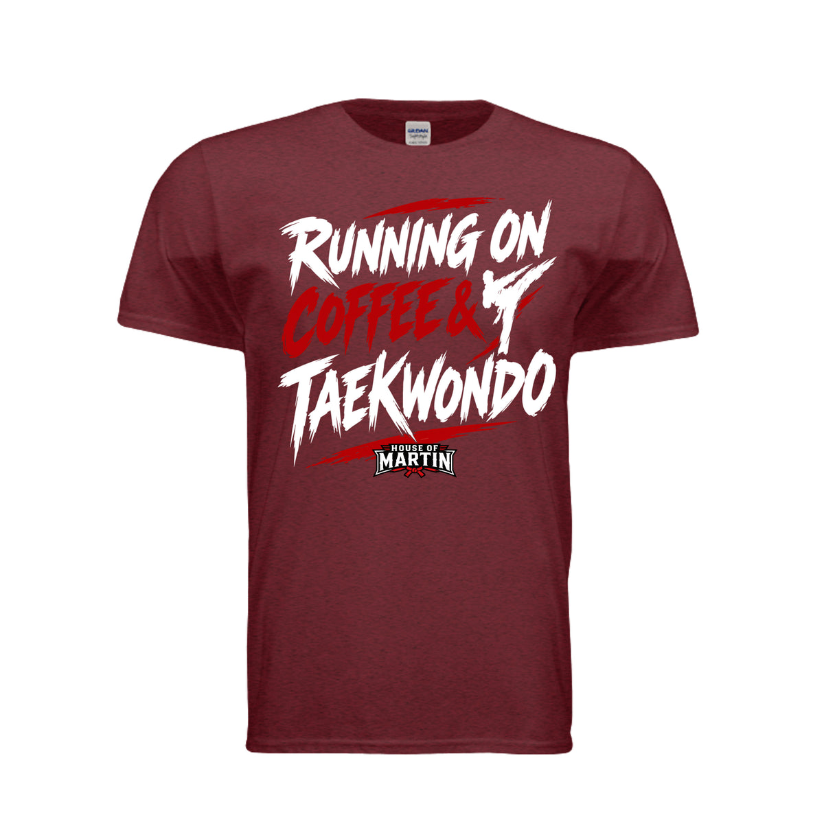 Running on Coffee & TKD unisex tee in antique cherry red, front view by House of Martin Designs