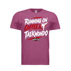 Running on Coffee & TKD unisex tee in antique heliconia, front view by House of Martin Designs