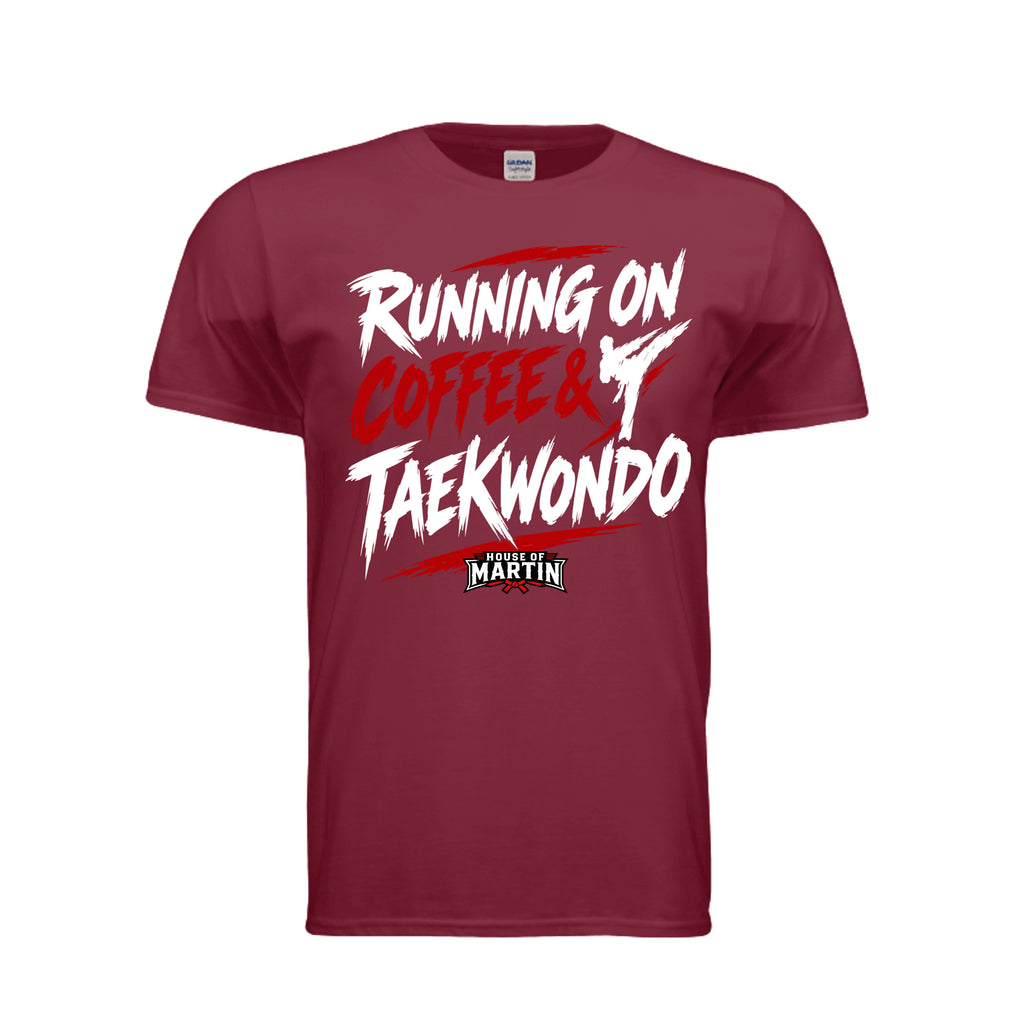 Running on Coffee & TKD unisex tee in cardinal red, front view by House of Martin Designs