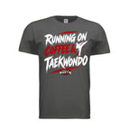 Running on Coffee & TKD unisex tee in charcoal, front view by House of Martin Designs