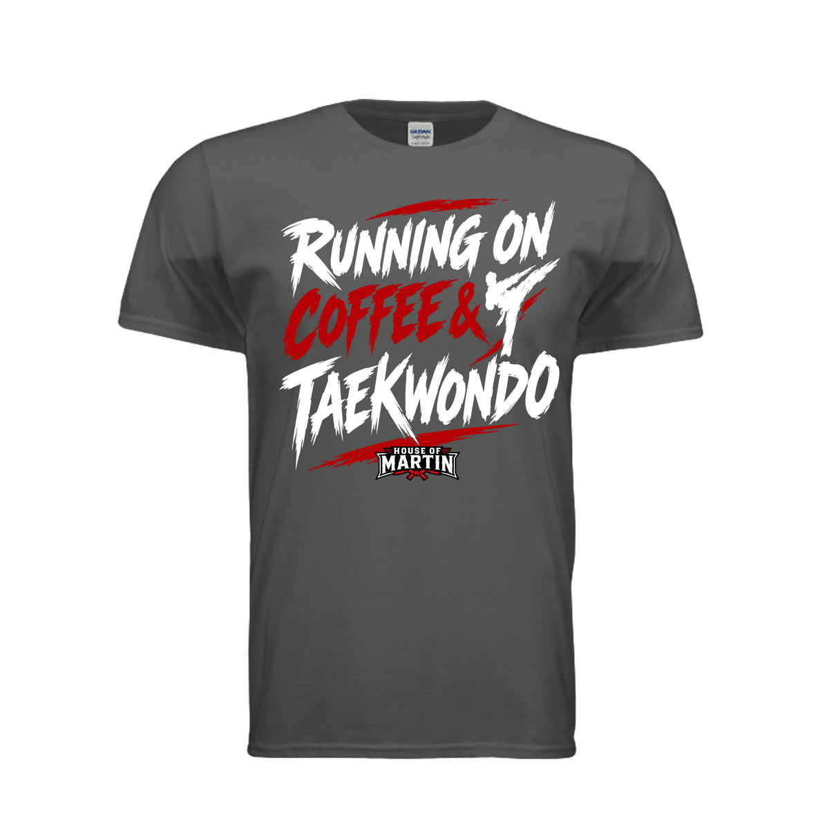 Running on Coffee & TKD unisex tee in charcoal, front view by House of Martin Designs