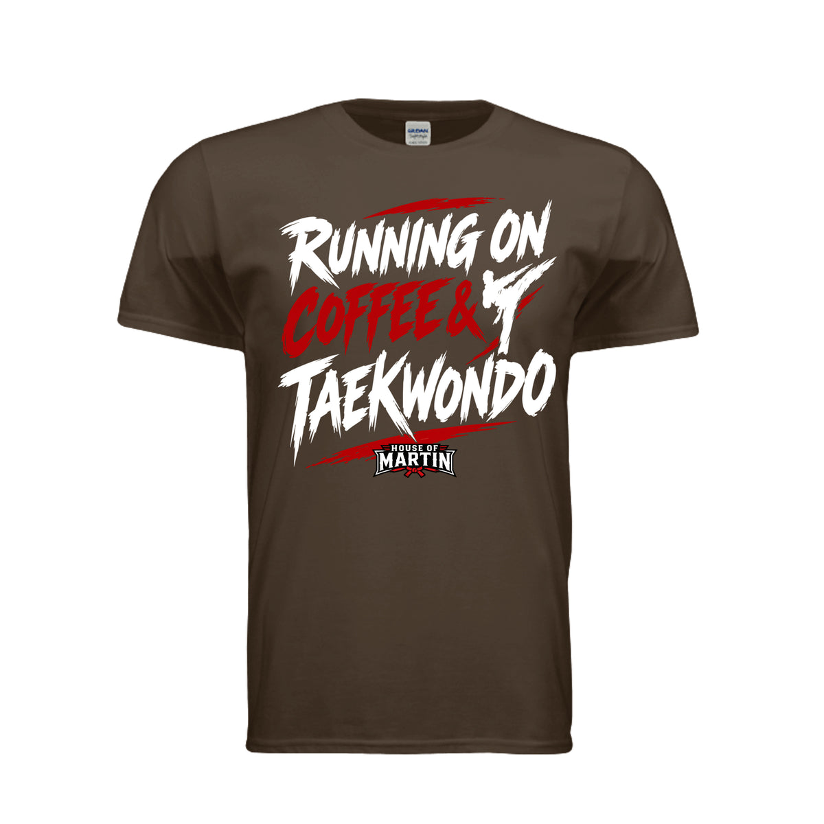 Running on Coffee & TKD unisex tee in dark chocolate, front view by House of Martin Designs