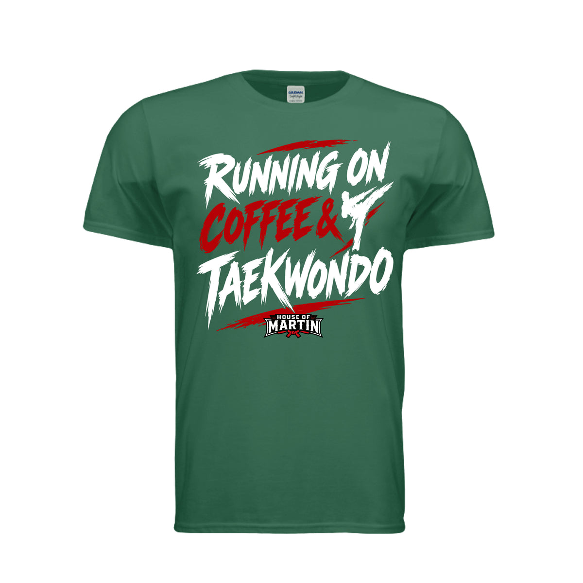 Running on Coffee & TKD unisex tee in fan dark green, front view by House of Martin Designs