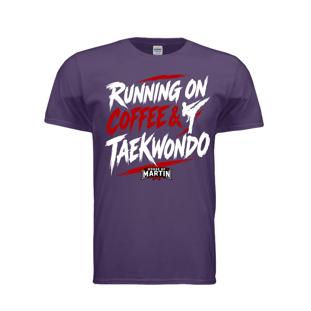 Running on Coffee & TKD unisex tee in fan dark purple, front view by House of Martin Designs