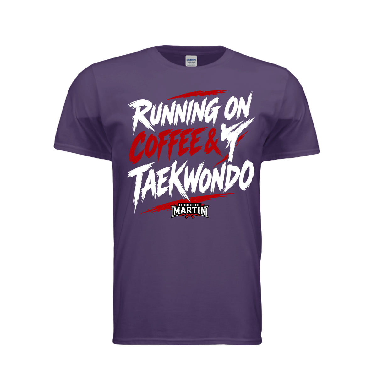 Running on Coffee & TKD unisex tee in fan dark purple, front view by House of Martin Designs