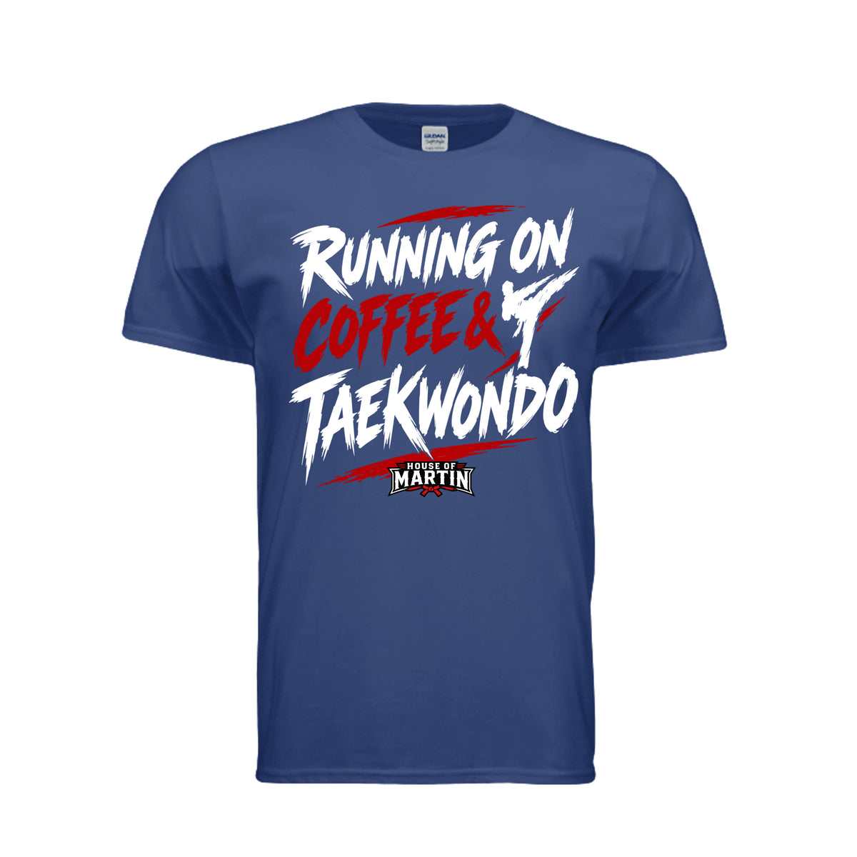 Running on Coffee & TKD unisex tee in fan deep royal, front view by House of Martin Designs