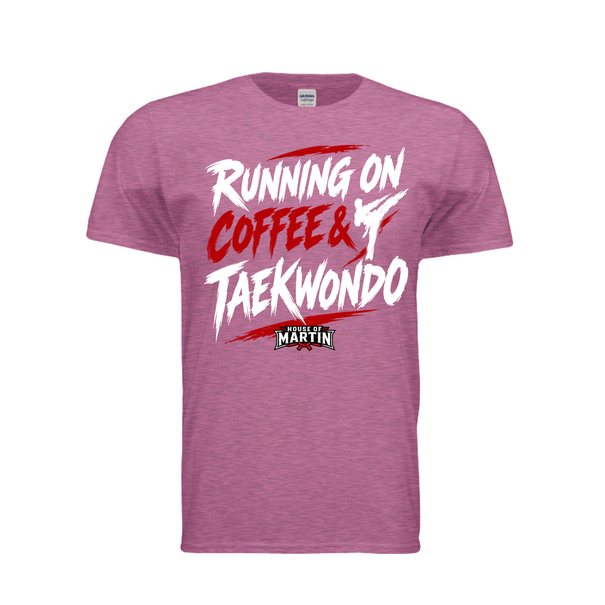 Running on Coffee & TKD unisex tee in heather berry, front view by House of Martin Designs