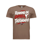 Running on Coffee & TKD unisex tee in heather galapagos blue, front view by House of Martin Designs