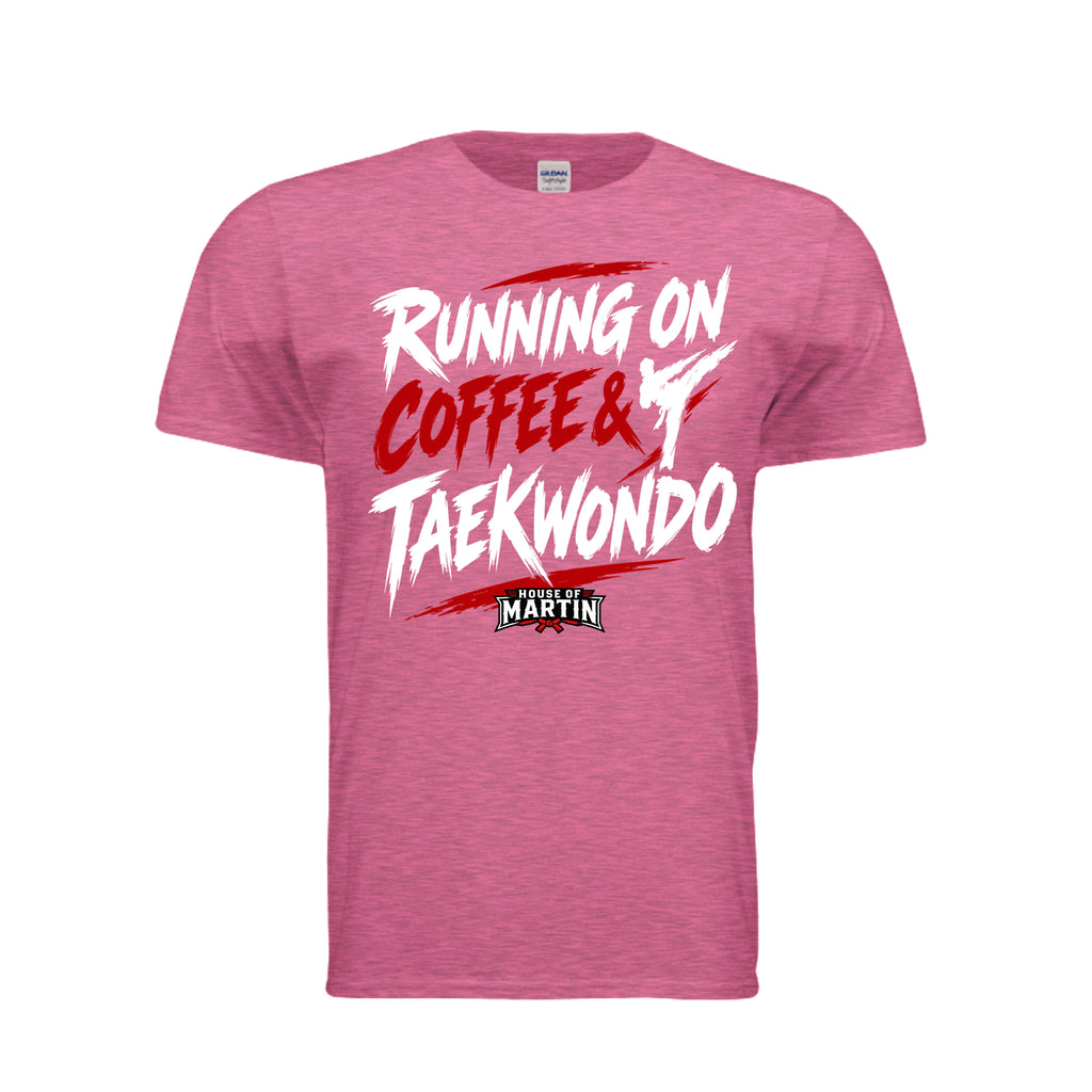 Running on Coffee & TKD unisex tee in heather heliconia, front view by House of Martin Designs