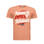 Running on Coffee & TKD unisex tee in heather orange, front view by House of Martin Designs