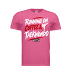 Running on Coffee & TKD unisex tee in heliconia, front view by House of Martin Designs