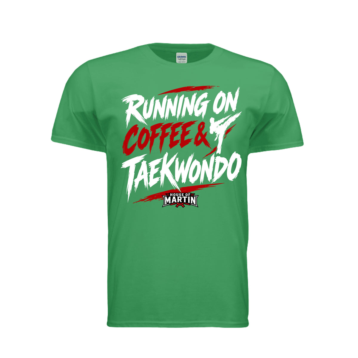 Running on Coffee & TKD unisex tee in irish green, front view by House of Martin Designs