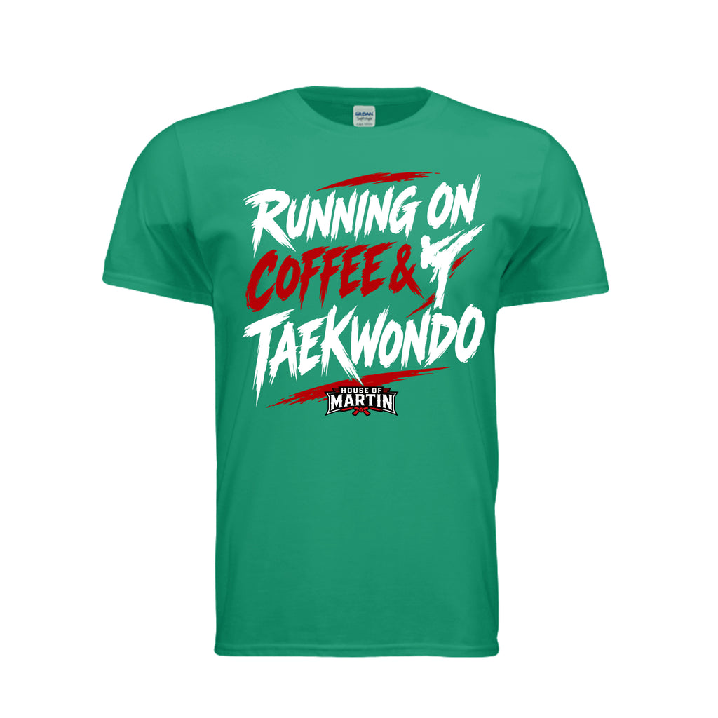 Running on Coffee & TKD unisex tee in kelly green, front view by House of Martin Designs
