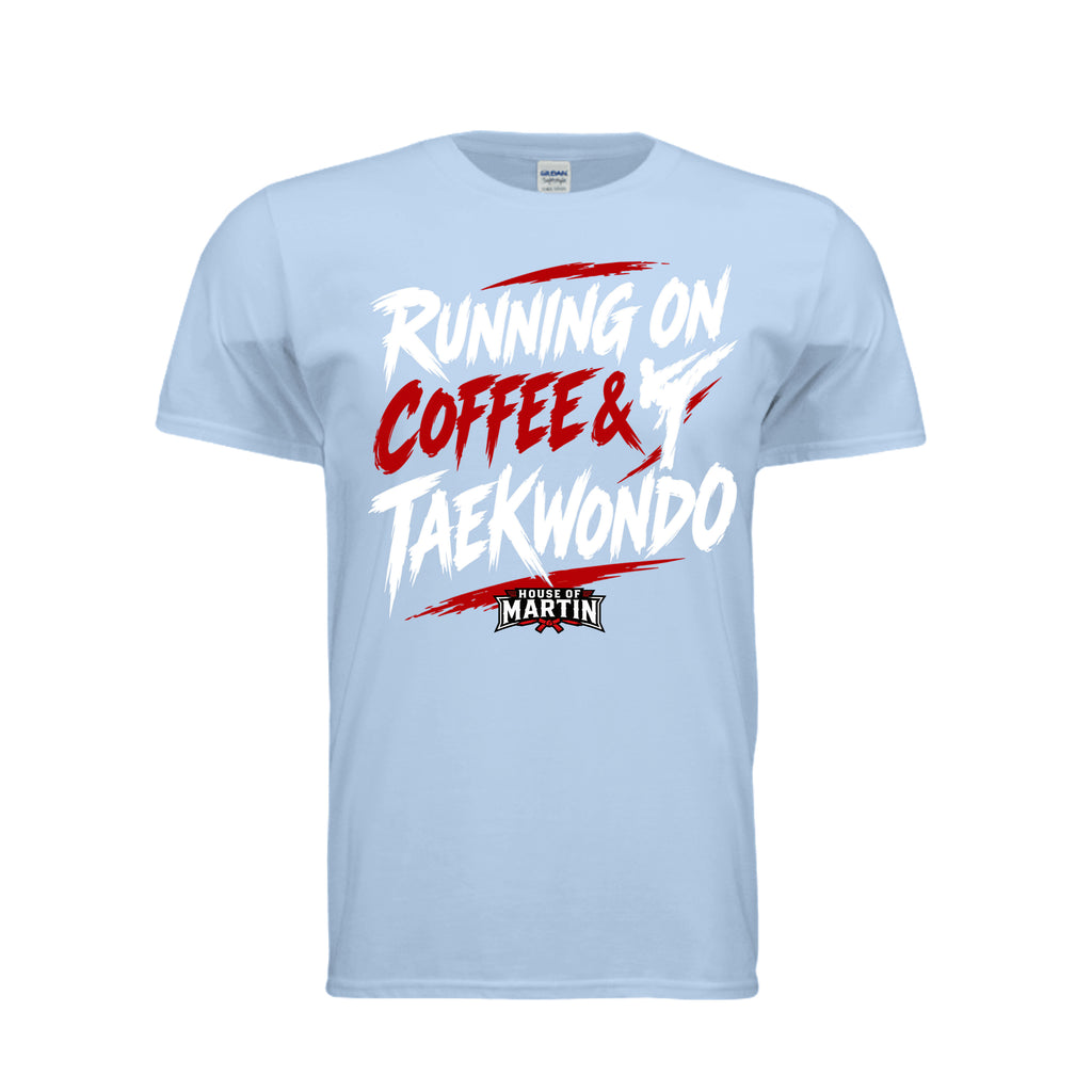 Running on Coffee & TKD unisex tee in light blue, front view by House of Martin Designs