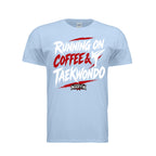 Running on Coffee & TKD unisex tee in light blue, front view by House of Martin Designs