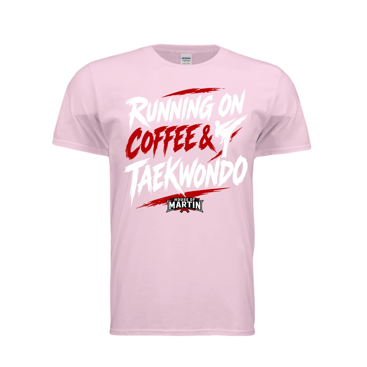 Running on Coffee & TKD unisex tee in light pink, front view by House of Martin Designs