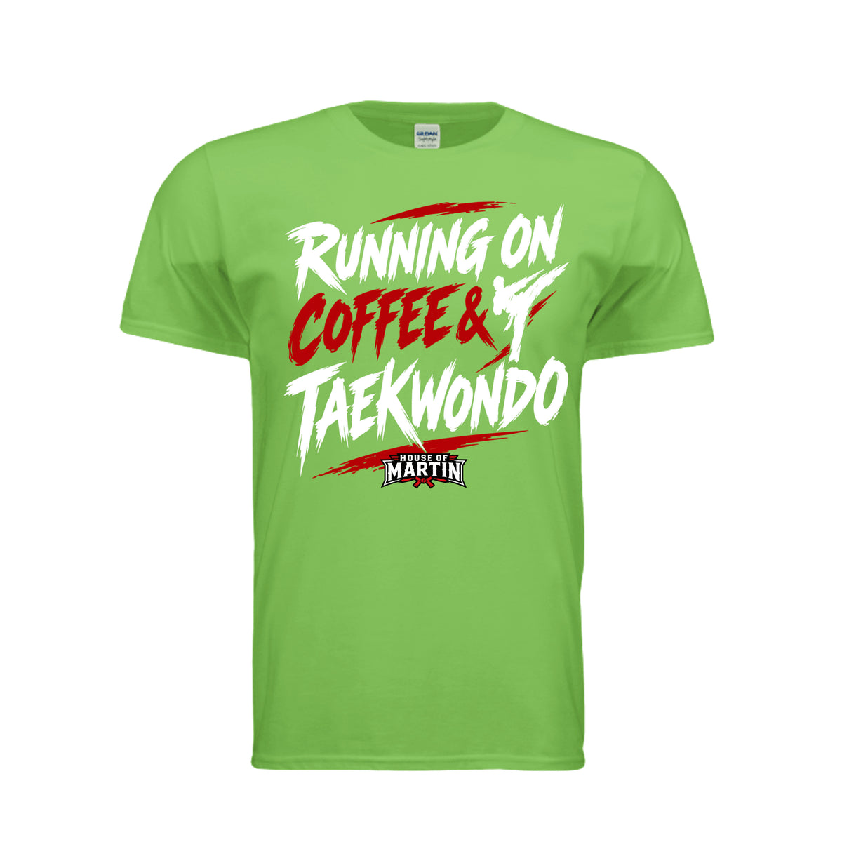 Running on Coffee & TKD unisex tee in lime, front view by House of Martin Designs