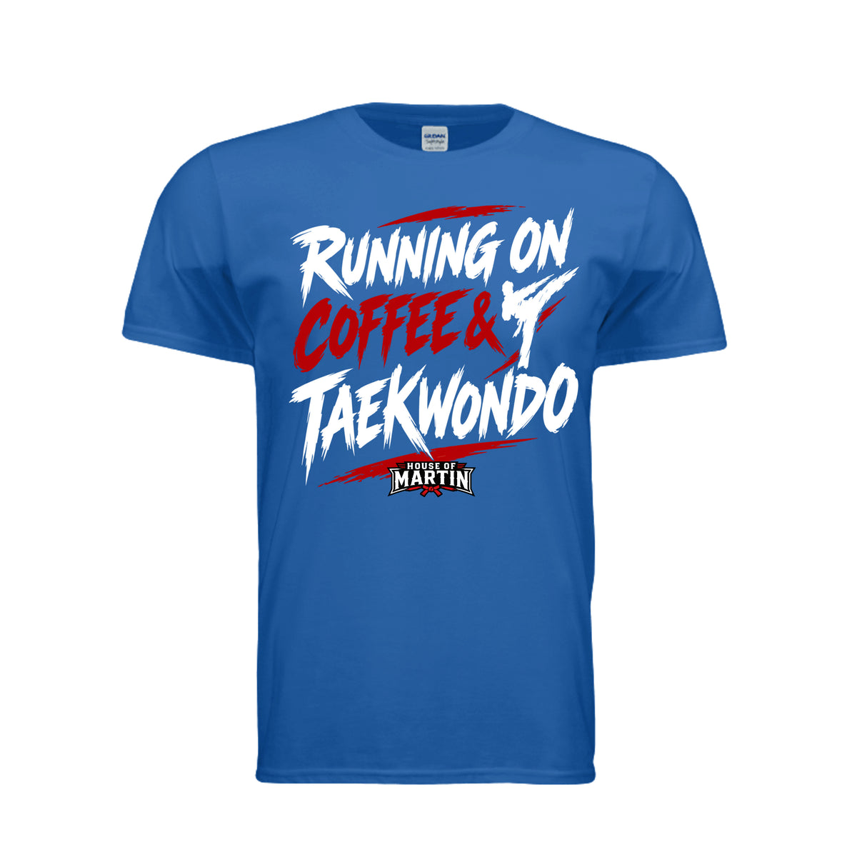 Running on Coffee & TKD unisex tee in neon blue, front view by House of Martin Designs