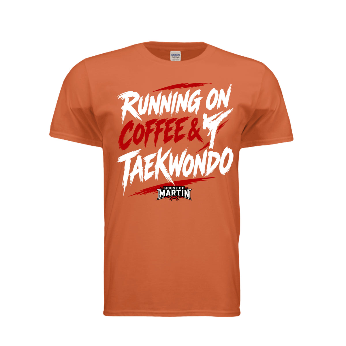 Running on Coffee & TKD unisex tee in orange, front view by House of Martin Designs