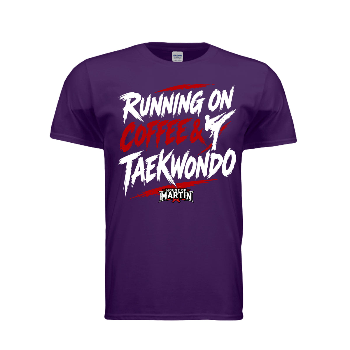 Running on Coffee & TKD unisex tee in purple, front view by House of Martin Designs