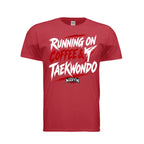 Running on Coffee & TKD unisex tee in red, front view by House of Martin Designs