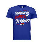 Running on Coffee & TKD unisex tee in royal, front view by House of Martin Designs