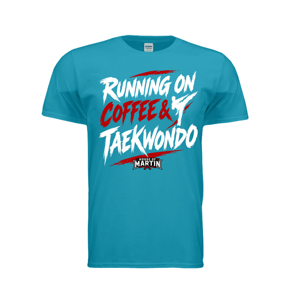 Running on Coffee & TKD unisex tee in tropical blue, front view by House of Martin Designs