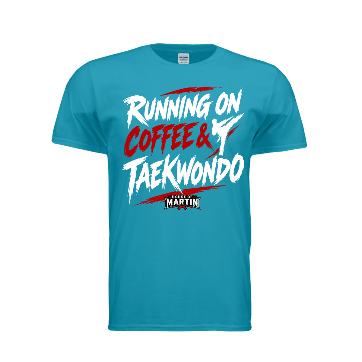 Running on Coffee & TKD unisex tee in tropical blue, front view by House of Martin Designs